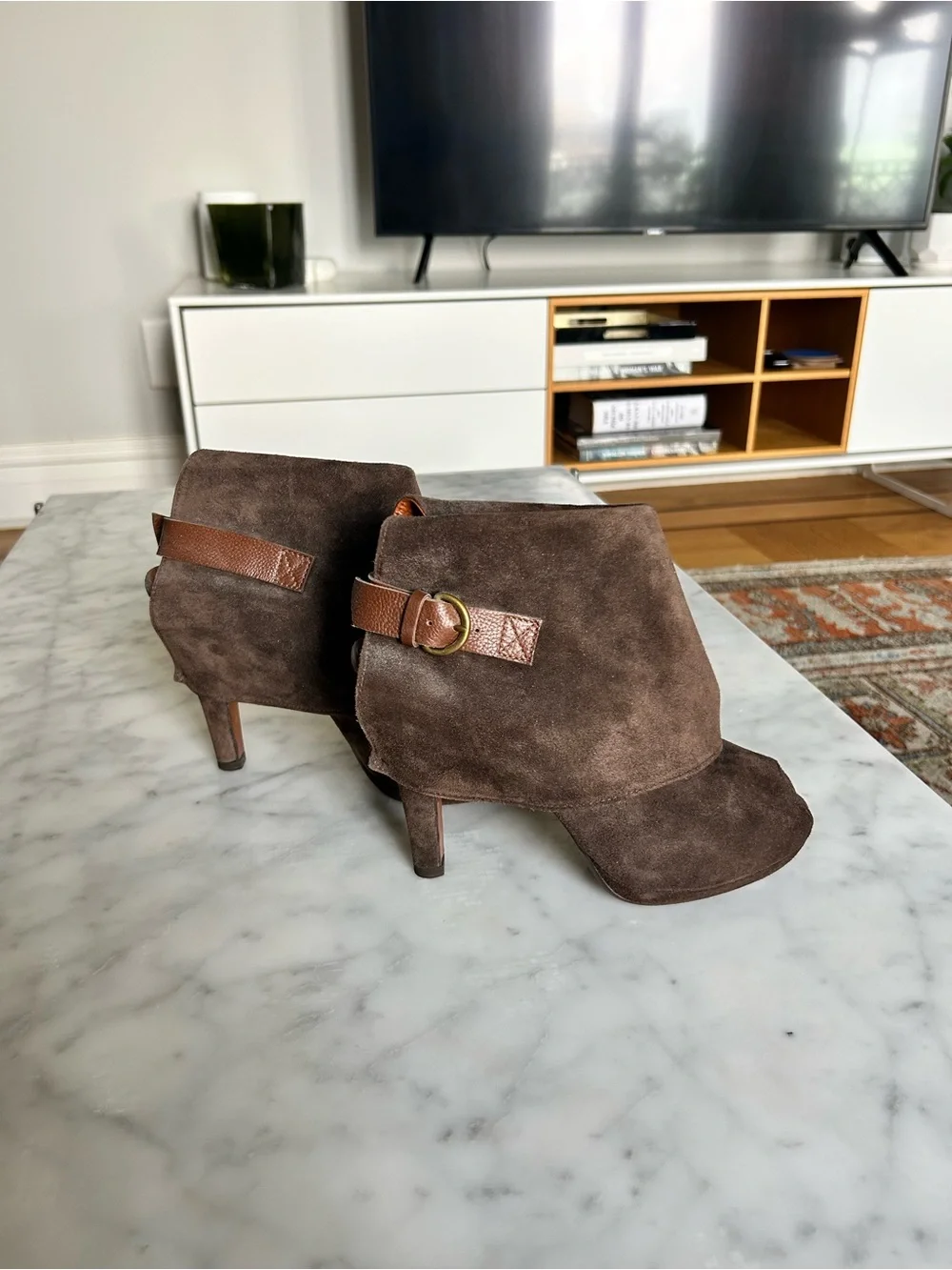 Michel Perry Dark Brown Suede Ankle Booties with Buckle Strap